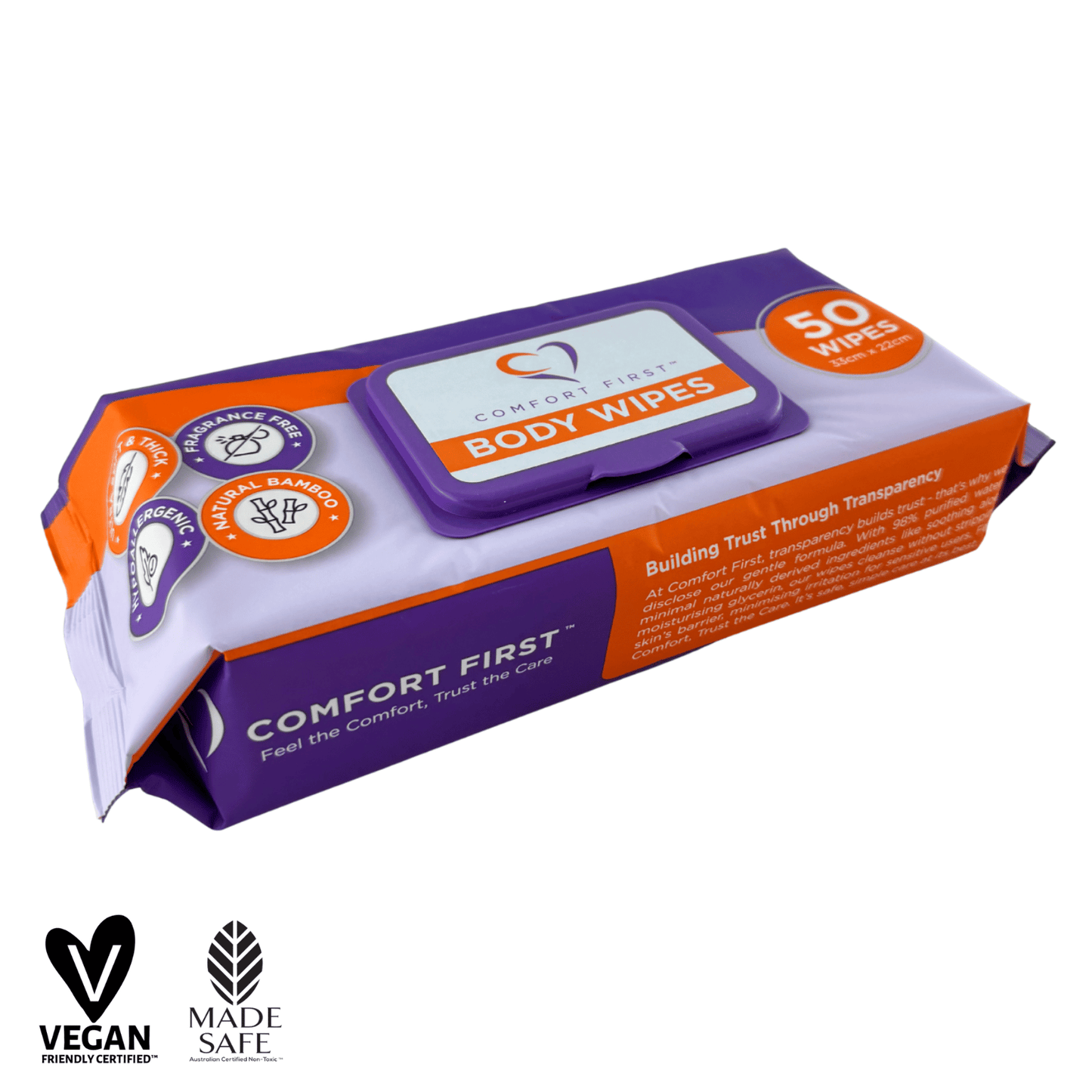 Comfort First Australia body wipes with two certificates, soft and portable for freshening up on the go.