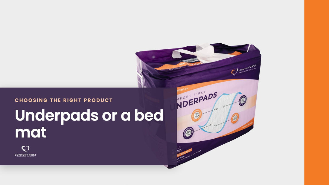 Comfort First title card for the Choosing the Right Product series, reading 'Underpads or a bed mat'