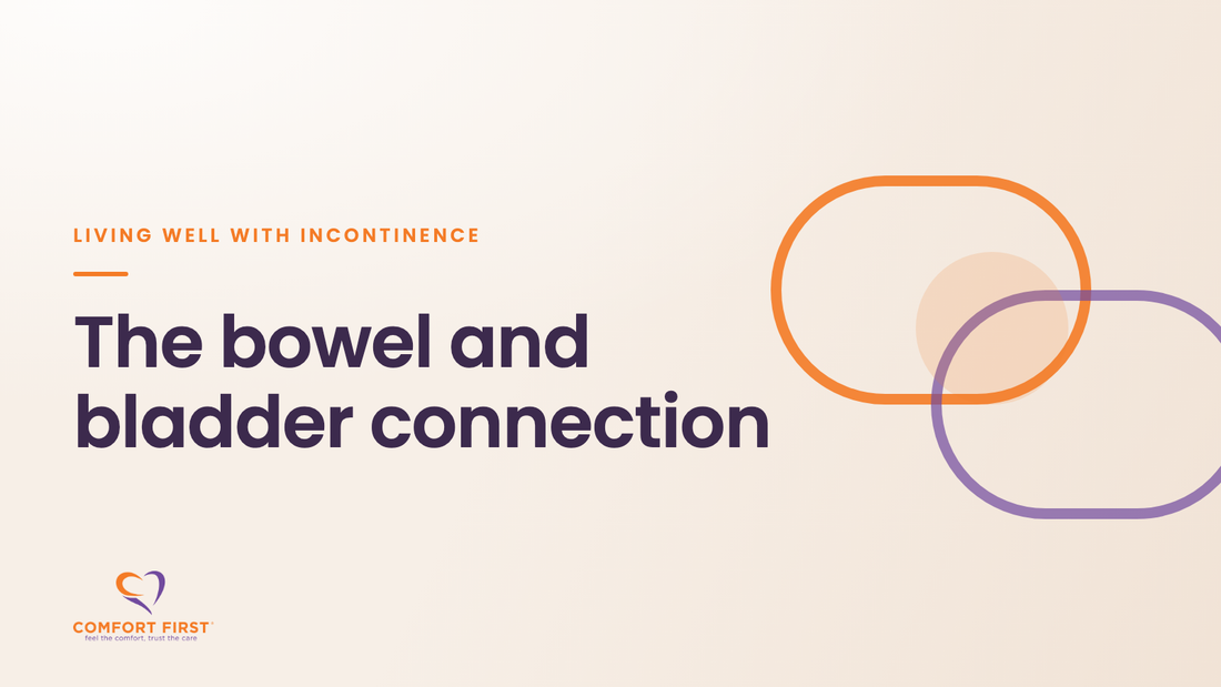 Comfort First title card for the Living Well with Incontinence series, reading 'The bowel and bladder connection'