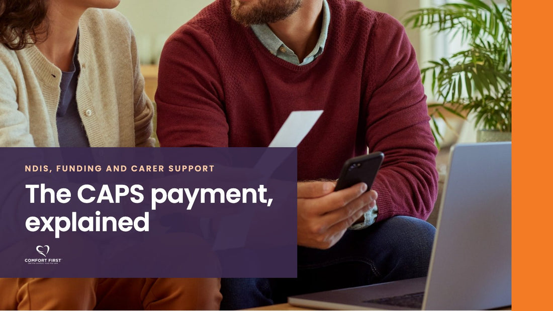 Comfort First title card for the NDIS, Funding and Carer Support series, reading 'The CAPS payment, explained'