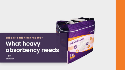 Comfort First title card for the Choosing the Right Product series, reading 'What heavy absorbency needs'