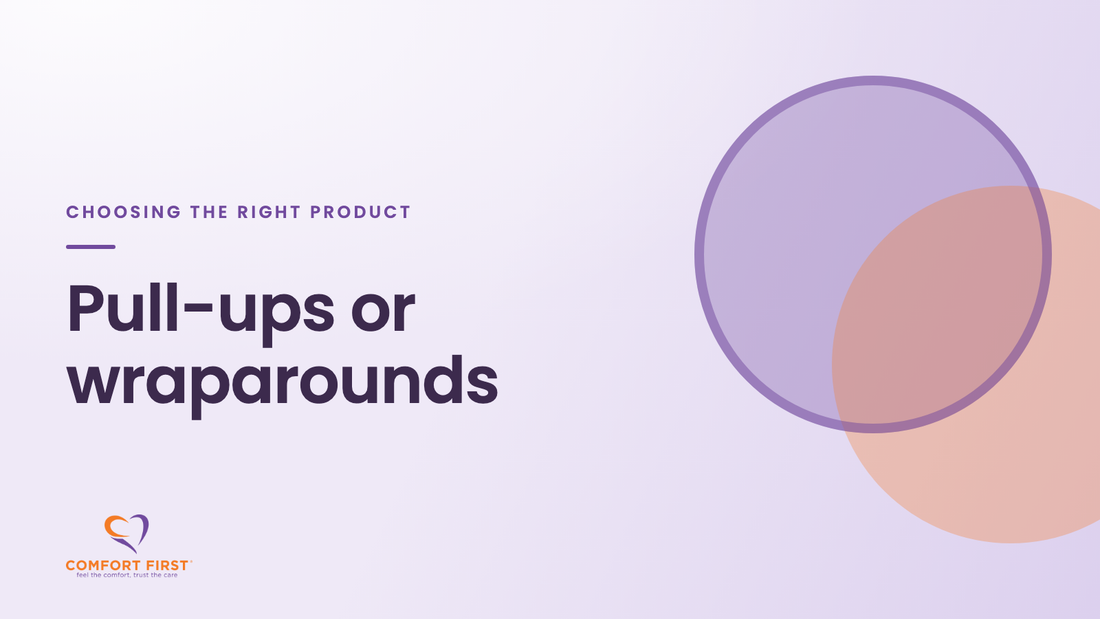 Comfort First title card for the Choosing the Right Product series, reading 'Pull-ups or wraparounds'