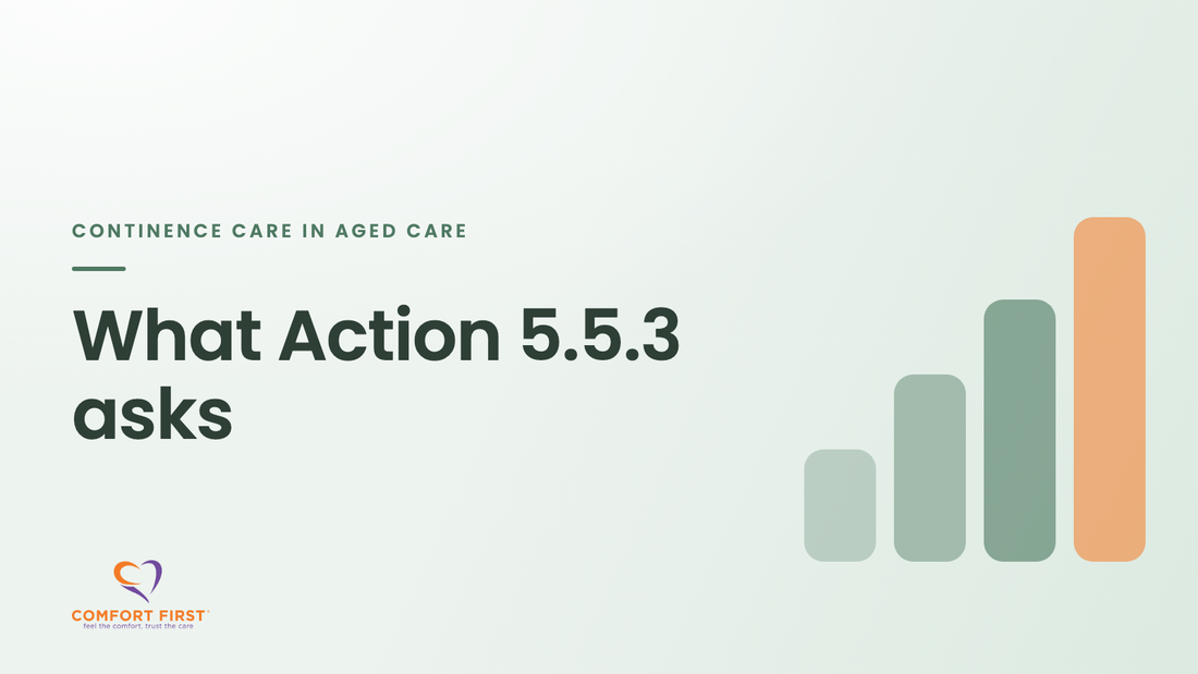 Comfort First title card for the Continence Care in Aged Care Facilities series, reading 'What Action 5.5.3 asks'