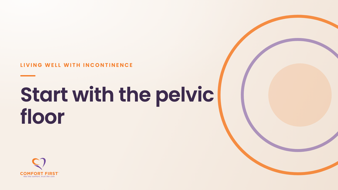 Comfort First title card for the Living Well with Incontinence series, reading 'Start with the pelvic floor'