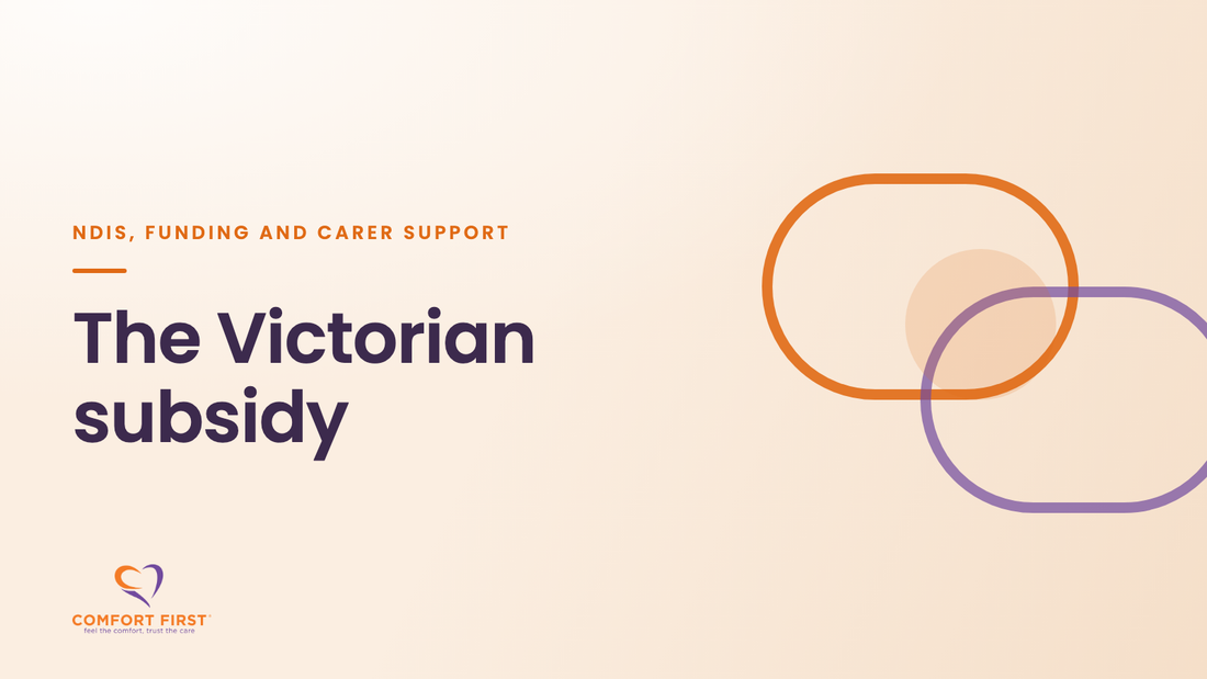Comfort First title card for the NDIS, Funding and Carer Support series, reading 'The Victorian subsidy'