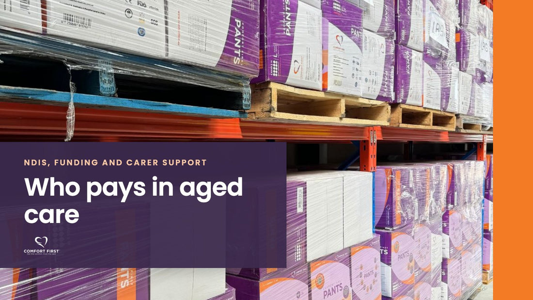 Comfort First title card for the NDIS, Funding and Carer Support series, reading 'Who pays in aged care'