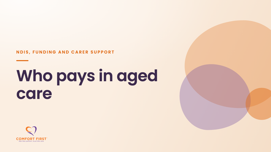Comfort First title card for the NDIS, Funding and Carer Support series, reading 'Who pays in aged care'