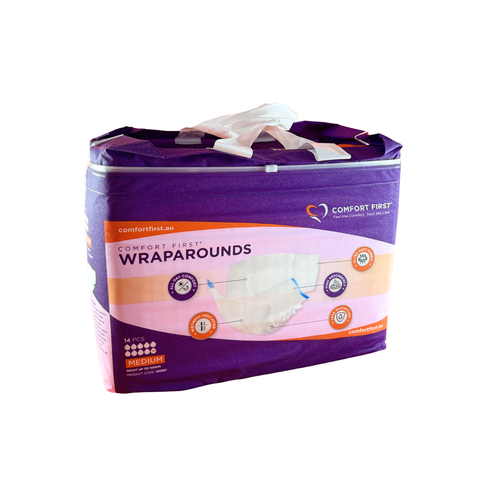 Adult diapers and pants from Comfort First Australia, Comfort First Wraparounds 10 Drop, showing the product packaging and design.