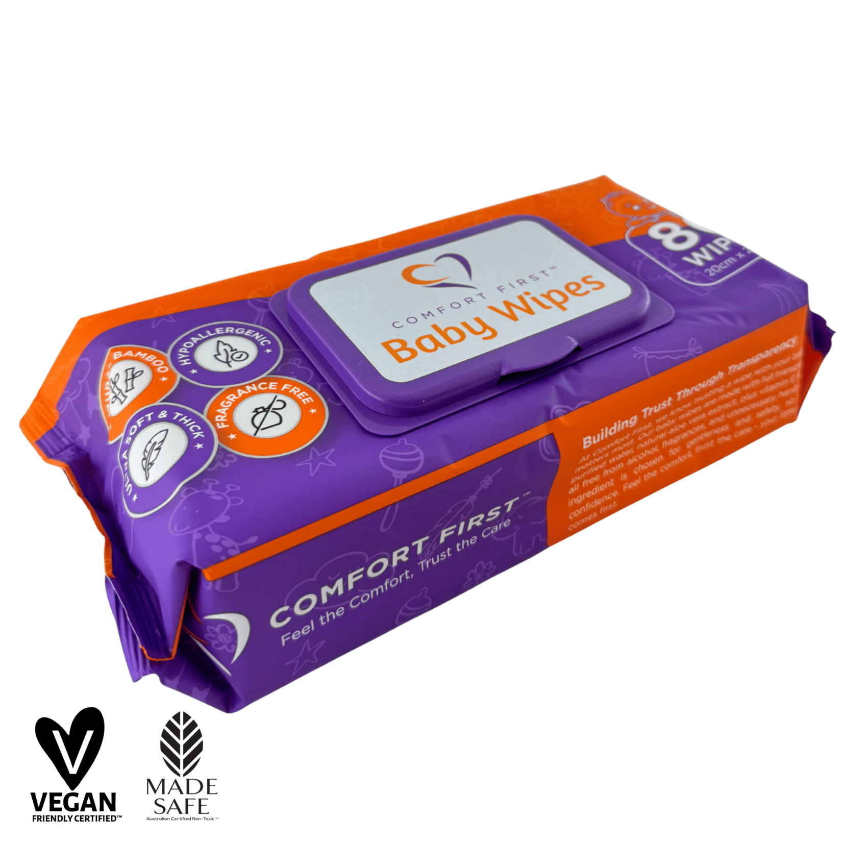 Baby wipes from Comfort First Australia, featuring two certificates on packaging for gentle and safe baby care.