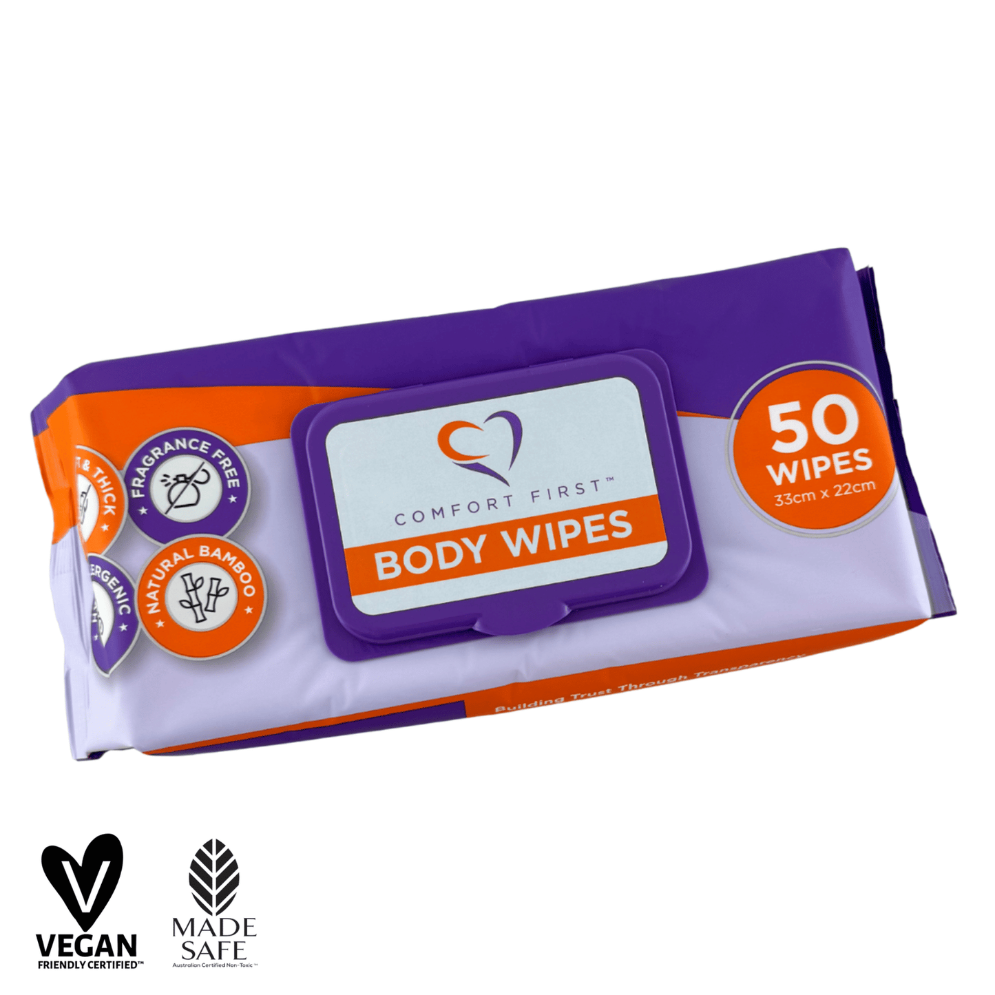 Comfort First Australia Body Wipes with two certificates, soft and portable cleansing wipes for freshen-up on the go.
