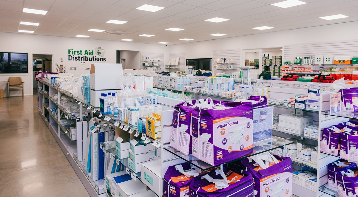 Inside the First Aid Distributions store, home of Comfort First, with Comfort First Wraparounds on the end of the aisle at 205 Murphy Street, East Bendigo