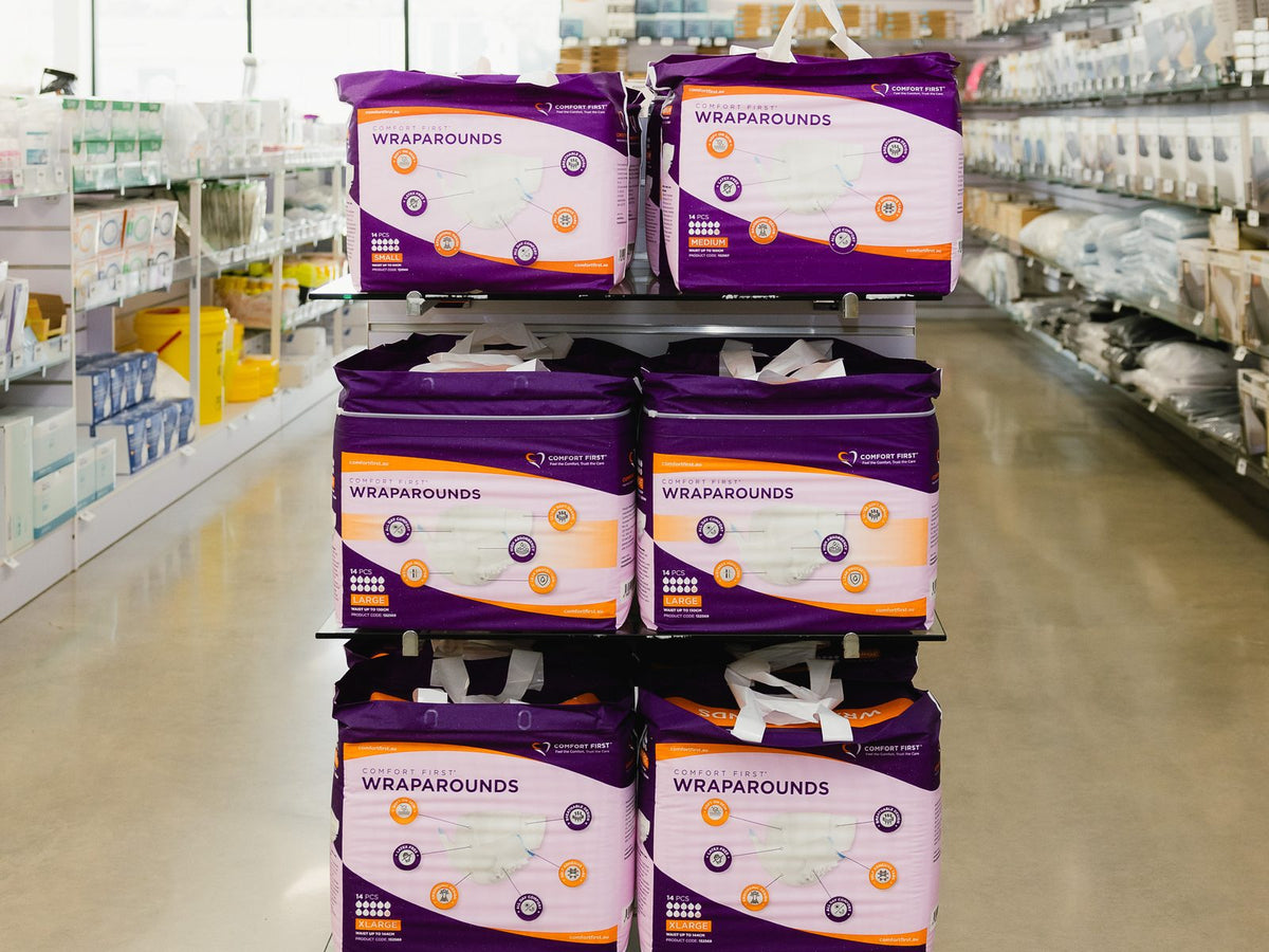 Comfort First Wraparounds slips stacked on a shelf end in the East Bendigo store