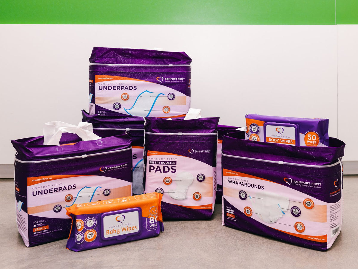 Comfort First underpads, insert booster pads, wraparounds, body wipes and baby wipes