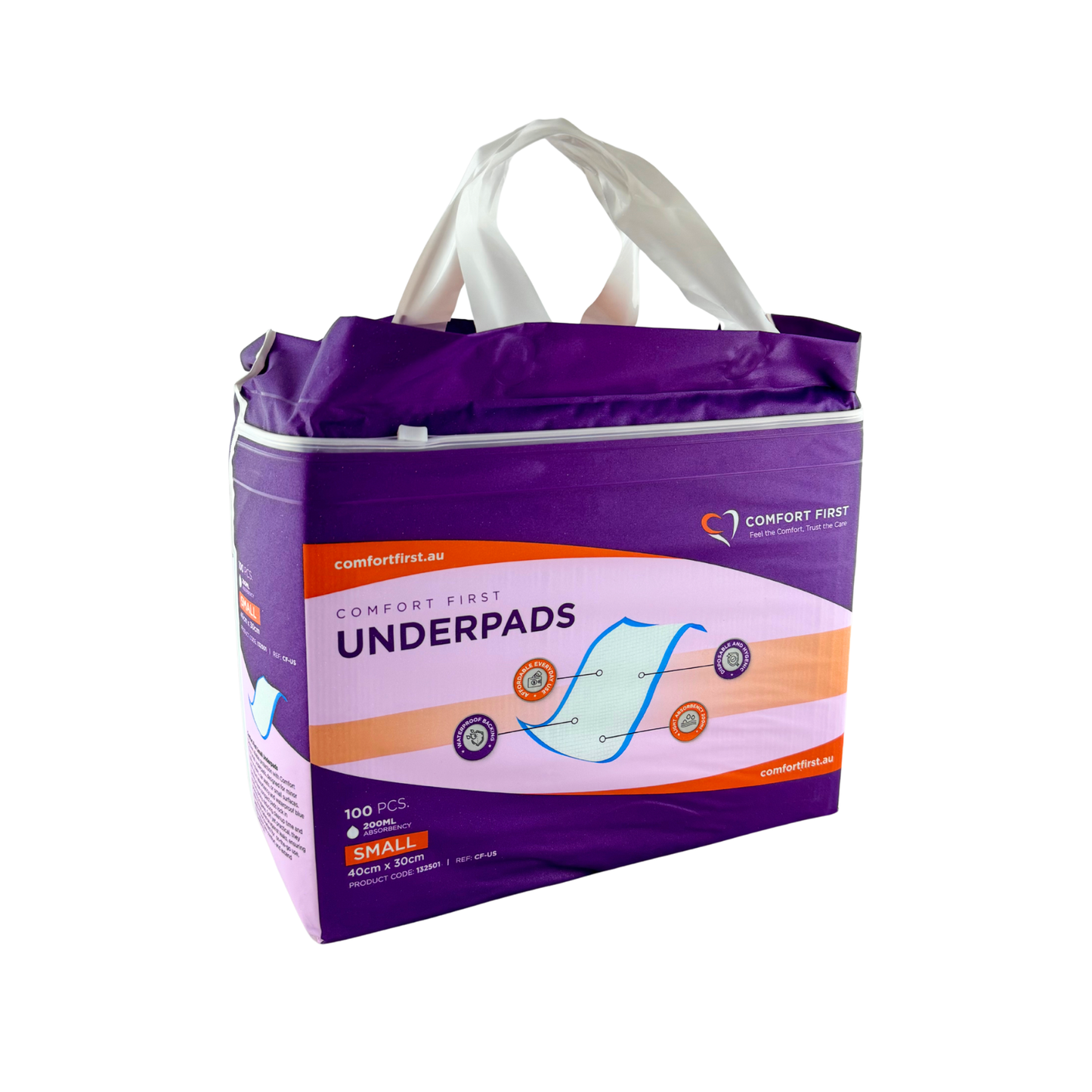 Small Comfort First Underpads by Comfort First Australia, showing absorbent, disposable underpads for bed or chair protection.