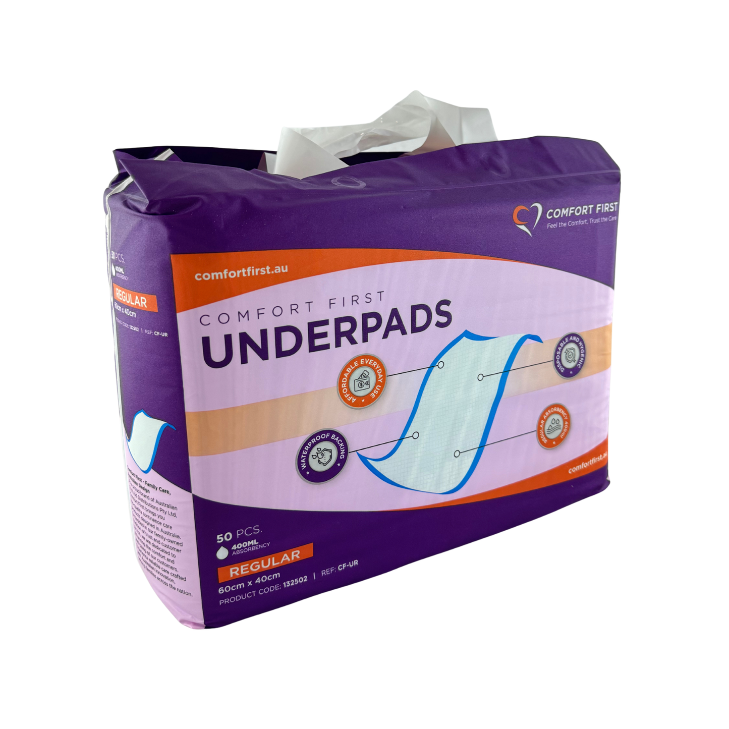 Comfort First Australia Regular Underpads, absorbent bed protection pad for adult incontinence, 50-count package.